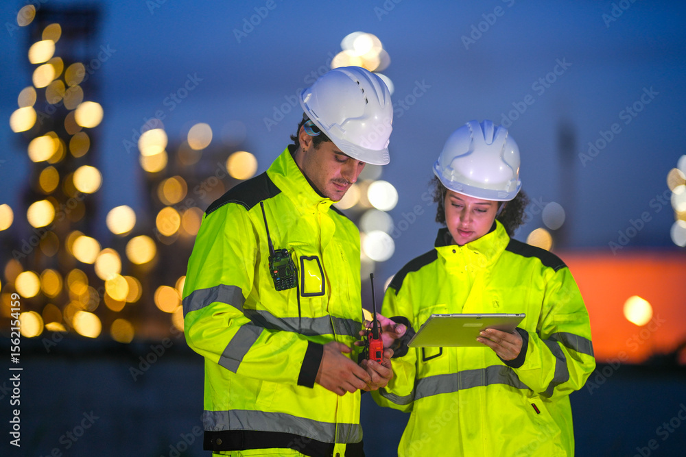 Φωτογραφία Two engineers in reflective safety gear review plans on a tablet during a night shift at an industrial site, with blurred factory lights glowing in the background