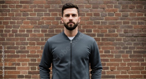 A man in a gray jacket stands before a brick wall, a serious expression on his face.