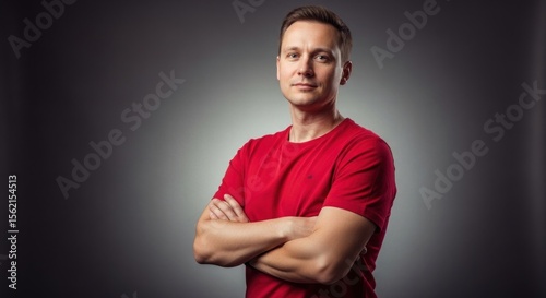 A man in a red t-shirt, arms crossed, against a neutral backdrop.