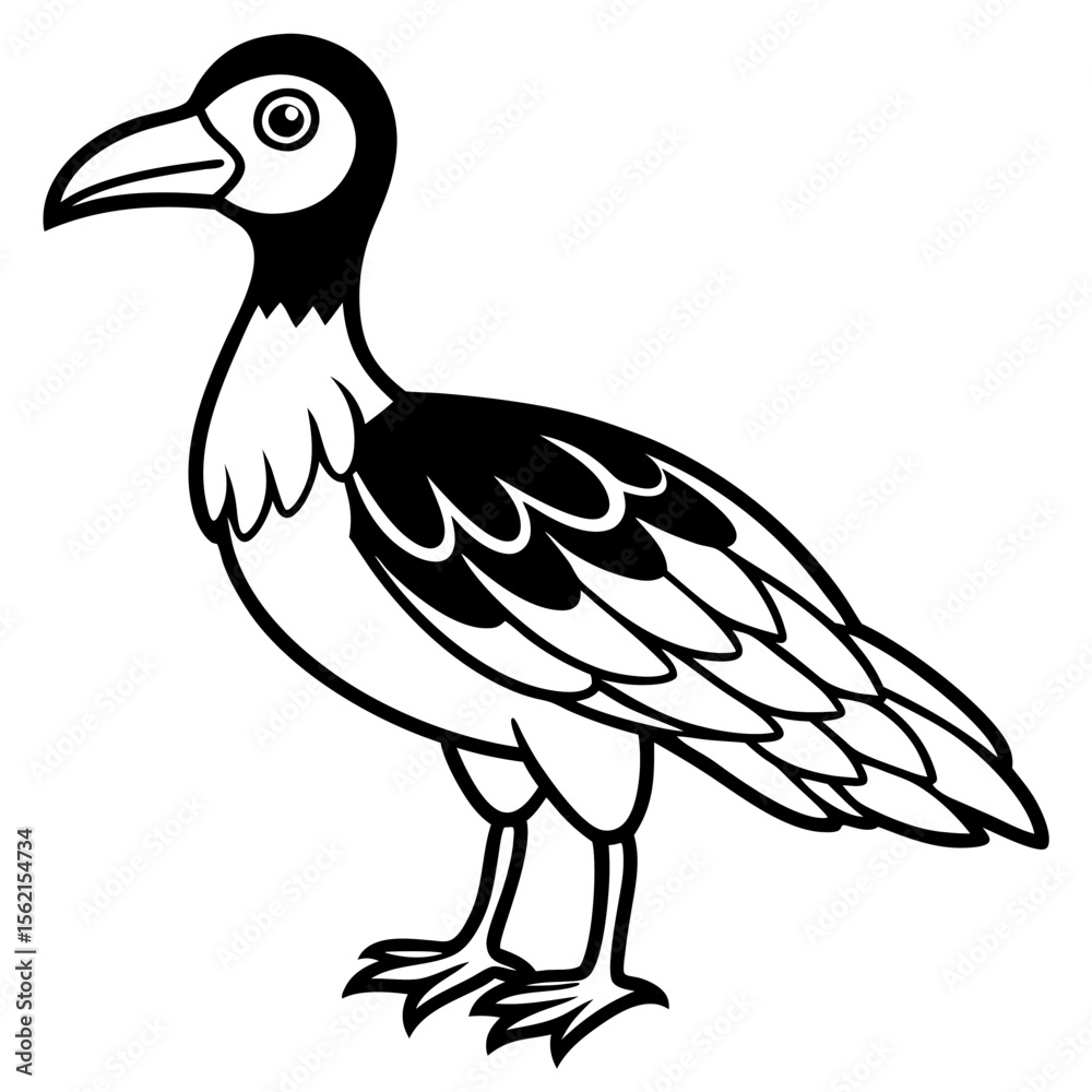 Fototapeta premium Stylized black and white cartoon illustration of a bird standing on its legs