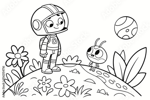 A space ranger hero standing on an alien planet with his cute, three-eyed alien pet sidekick. For a children's coloring book, fun and simple line art, black and white
