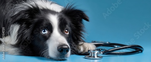 The Border Collie with Expressive Eyes and a Stethoscope on Blue Background. photo