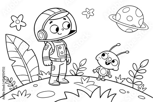 A space ranger hero standing on an alien planet with his cute, three-eyed alien pet sidekick. For a children's coloring book, fun and simple line art, black and white