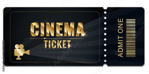 Elegant cinema ticket design featuring gold lettering and a retro camera on a black background. Perfect for movie promotions, film festivals, and cinema event materials.Vector