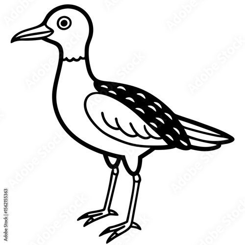 Simple black and white line drawing of a cartoon shorebird standing