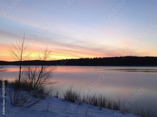 A serene  pastel sunset with silhouetted trees over a snowy lake