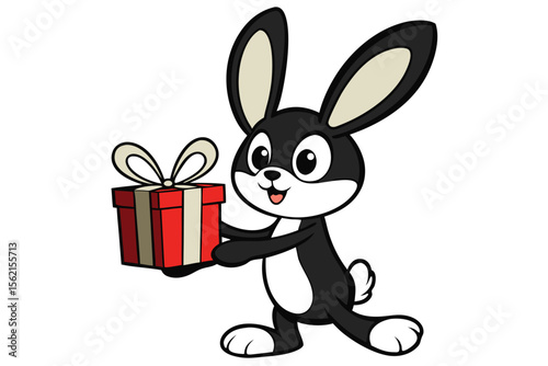 Cartoon black bunny joyfully holds a red gift box with a light ribbon