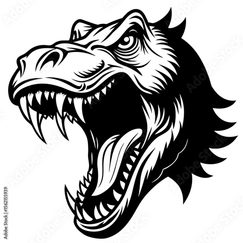 Fierce tyrannosaurus rex head with open mouth and sharp teeth roaring