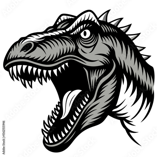 Fierce tyrannosaurus rex dinosaur head with open mouth and sharp teeth