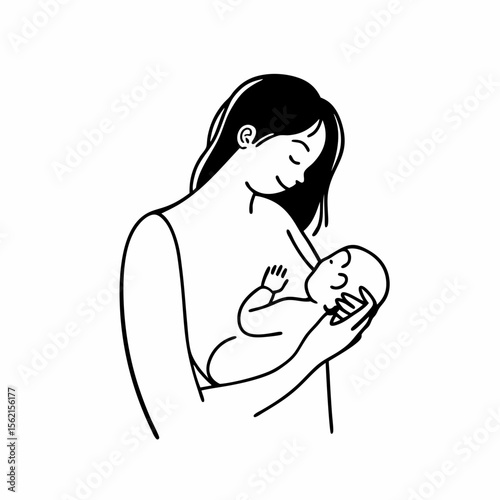 Simple line art illustration of a mother breastfeeding her baby with love and care