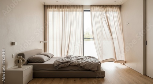 Minimalist bedroom with large windows and sheer curtains  showcasing a calm and serene atmosphere.