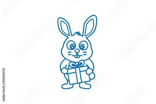 Blue outline cartoon rabbit cheerfully holds a wrapped gift on a plain white background