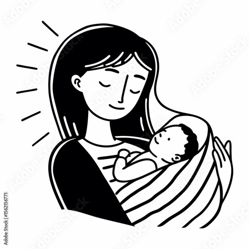 Mother holding her baby in a sling with a halo of light