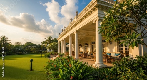 Elegant colonial-style building with white columns and a manicured lawn, partially visible under a cloudy sky.