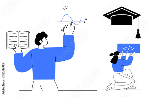 Student drawing graph while holding open book, coding-themed banner, and graduation cap. Ideal for learning resources, teaching materials, online courses, coding platforms, education apps, technology