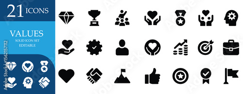 Solid icon set on success, leadership, trust, growth, achievement, innovation, and target. Perfect for business, mission, and value-based designs
