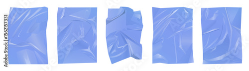 Realistic blue transparent crumpled polyethylene film textures perfect for packaging design, backgrounds, or creative projects isolated on white background vector illustration
