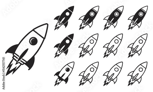 Black and White Rocket Icon Set in Clean Flat Grid Design