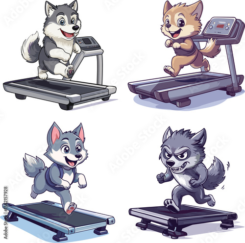 cute Wolf running on treadmill vector style on white background
