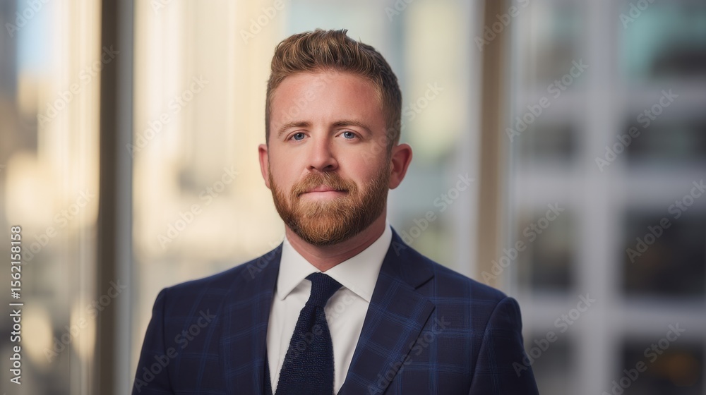 Portrait of a composed man with blonde hair, red beard, wearing a dark blue plaid suit, white shirt, and tie, against a blurred urban backdrop with soft natural light. Portrait of a composed man with blonde hair, red beard, wearing a dark blue plaid suit, white shirt, and tie, against a blurred urban backdrop with soft natural light.