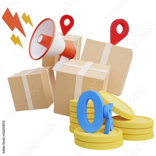 The concept of announcing a reduction in shipping costs both domestically and internationally. Free shipping for all types of products. 3D illustration.