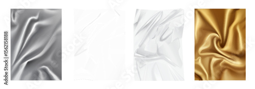 Realistic crumpled polyethylene film and textile backgrounds for design, packaging, or mockup use, showing metallic, white, and gold material folds vector illustration