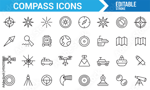 Line art icons of navigational symbols including compasses, maps, and directional indicators.
