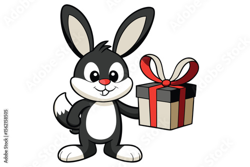 Cheerful black and white bunny smiling while carrying a decorative wrapped gift box with bow