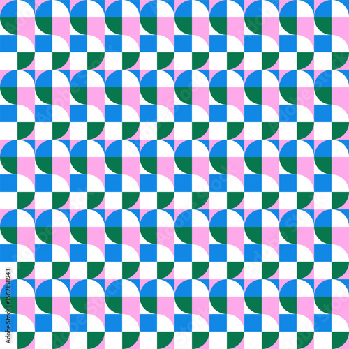 Modern seamless geometric pattern with curved tiles in pink, blue, green, and white. Perfect for textile pattern, fabric, wrapping paper, digital backgrounds, design pattern, surface design project