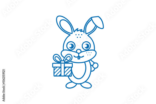 Cute outlined rabbit holds a wrapped gift box featuring a ribbon and bow