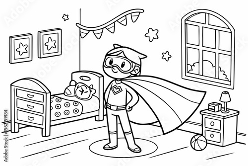 A young child wearing a homemade superhero costume with a cape made from a blanket, pretending to fly in their bedroom. Cute and simple line art for a coloring page, black and white