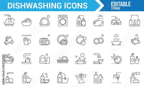 Collection of kitchen and dishwashing icons illustrating cleaning products and processes.