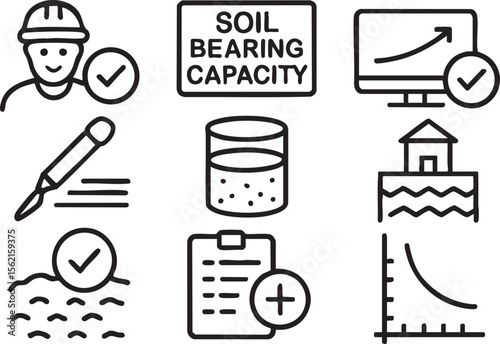 Construction worker icons, soil bearing capacity, checklist, and graphs showing successful project completion and growth, representing engineering, construction, and project management.