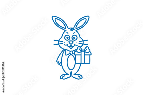Blue bunny outline holds a gift wearing bow tie with smiling face stands