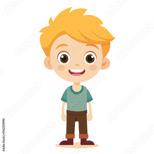 happy blond boy, smiling boy, very happy child, cheerful boy, light skin boy, full body boy, full-length boy, standing boy, European child, cartoon boy, child character, white background, flat design,