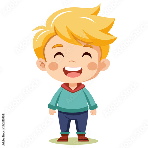 happy blond boy, smiling boy, very happy child, cheerful boy, light skin boy, full body boy, full-length boy, standing boy, European child, cartoon boy, child character, white background, flat design,