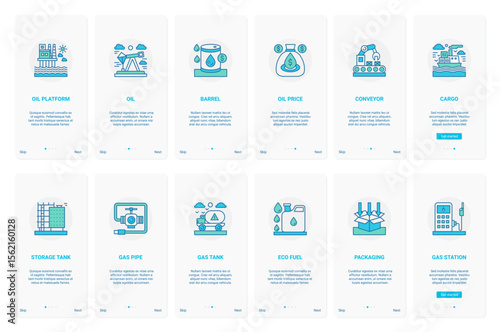 Oil gas production transportation and storage, eco fuel technology vector illustration. UX, UI onboarding mobile app page screen set with line barrel price of black gold, cargo tanker transportation