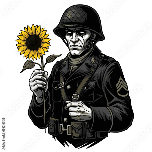 Emotional Soldier Holding Sunflower – Anti-War Concept Art Illustration