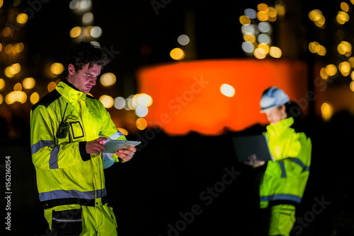 Two engineers collaborate on a night shift using a laptop and tablet at a plant A concept for the Fourth Industrial Revolution predictive maintenance and the Industrial Internet of Things