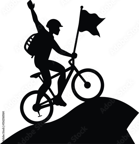 Silhouette of Cyclist Holding Flag on Mountain Hilltop in Vector Design