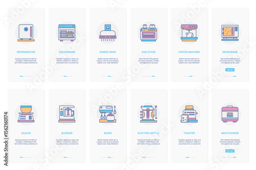 Home kitchen appliances for food cooking vector illustration. UX, UI onboarding mobile app page screen set with line refrigerator dishwasher coffee machine scales mixer electric kettle toaster oven