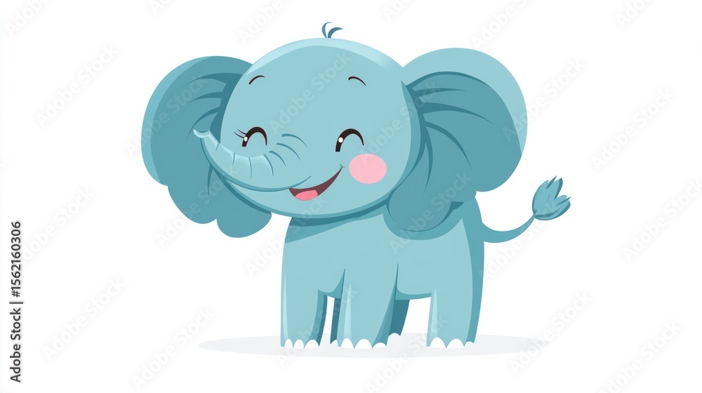Fototapeta premium Happy cartoon elephant stands with a smile, pink cheeks, light blue skin on white backdrop