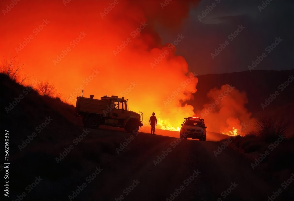Fototapeta premium Two caucasian firefighters around 35 years old with yellow uniform in a forest with a big fire