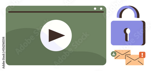 Media player window with play button, purple lock, and email icons highlighting security features. Ideal for video privacy, online streaming, secure communication, data protection, media encryption