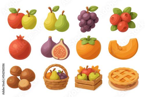 Assorted colorful fruits and baskets displayed on warm background