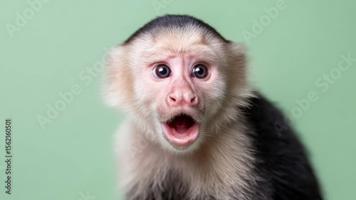 Capuchin monkey with wide-open mouth and expressive eyes, showcasing surprise and curiosity against a soft green background, capturing the essence of animal emotions and reactions
