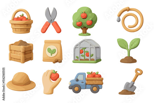 Colorful gardening icons featuring tools and produce