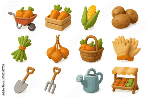 Colorful vegetable icons featuring gardening tools and produce illustrations