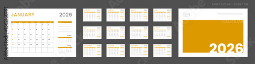 2026 Calendar Planner Set of Template Monthly Page with Note and cover with Place for Photo, Company Logo. Vector grid layout of wall or desk organizer with week start Sunday for print. Pages size A4