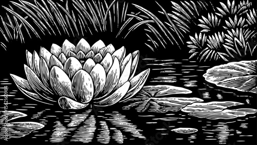 lotus flower blooming in a calm pond, symbol of purity and peace, great for yoga studio decor, meditation guides or shoulder tattoos a black and white line art illustration